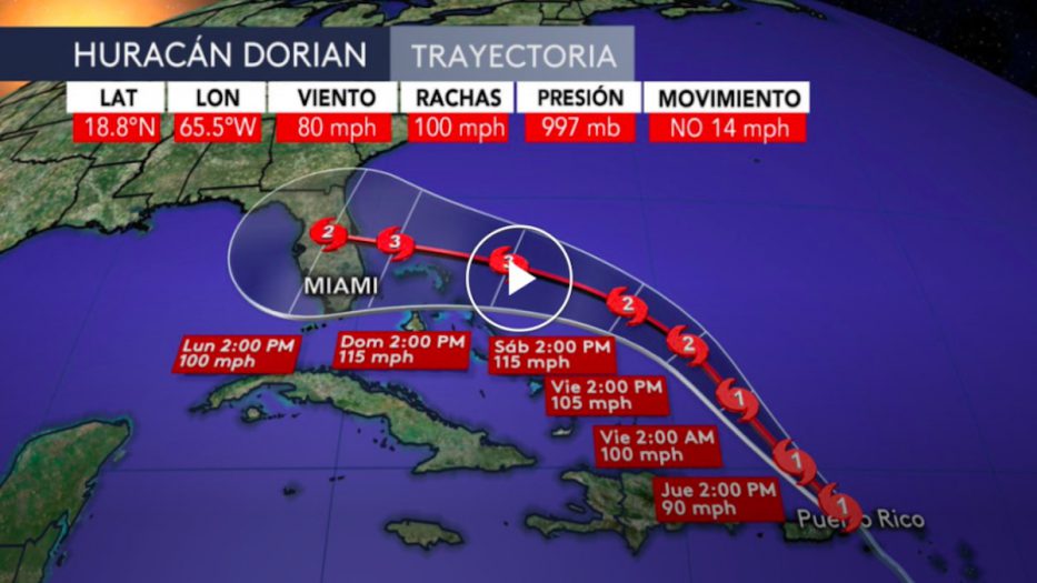 No se esperan efectos importantes asociados al huracán Dorian en Cuba, pero si ocasionará estragos en Florida